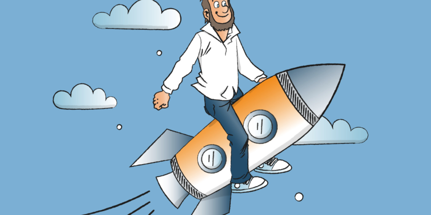 Fiete auf Rakete Grafische Darstellung von Fiete auf einer Rakete