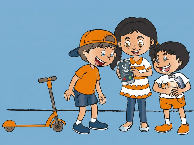 Drei Kinder stehen zusammen und betrachten ein Smartphone. 