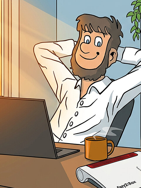 Fiete entspannt sich vor seinem Laptop in einem Arbeitszimmer.