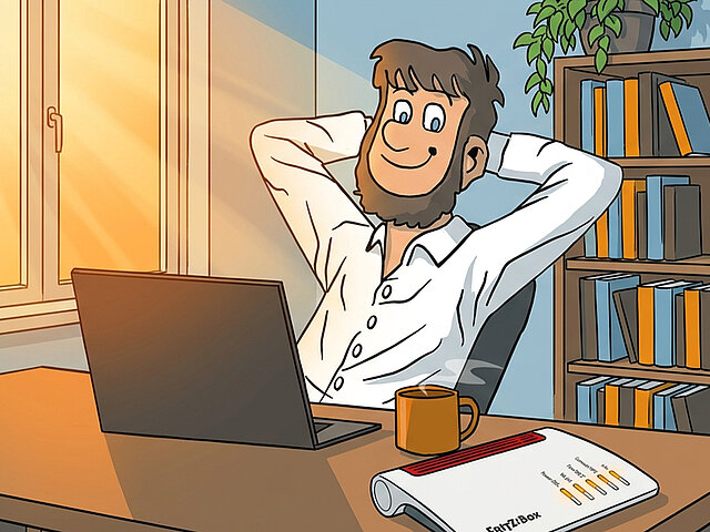 Fiete entspannt sich vor seinem Laptop in einem Arbeitszimmer.