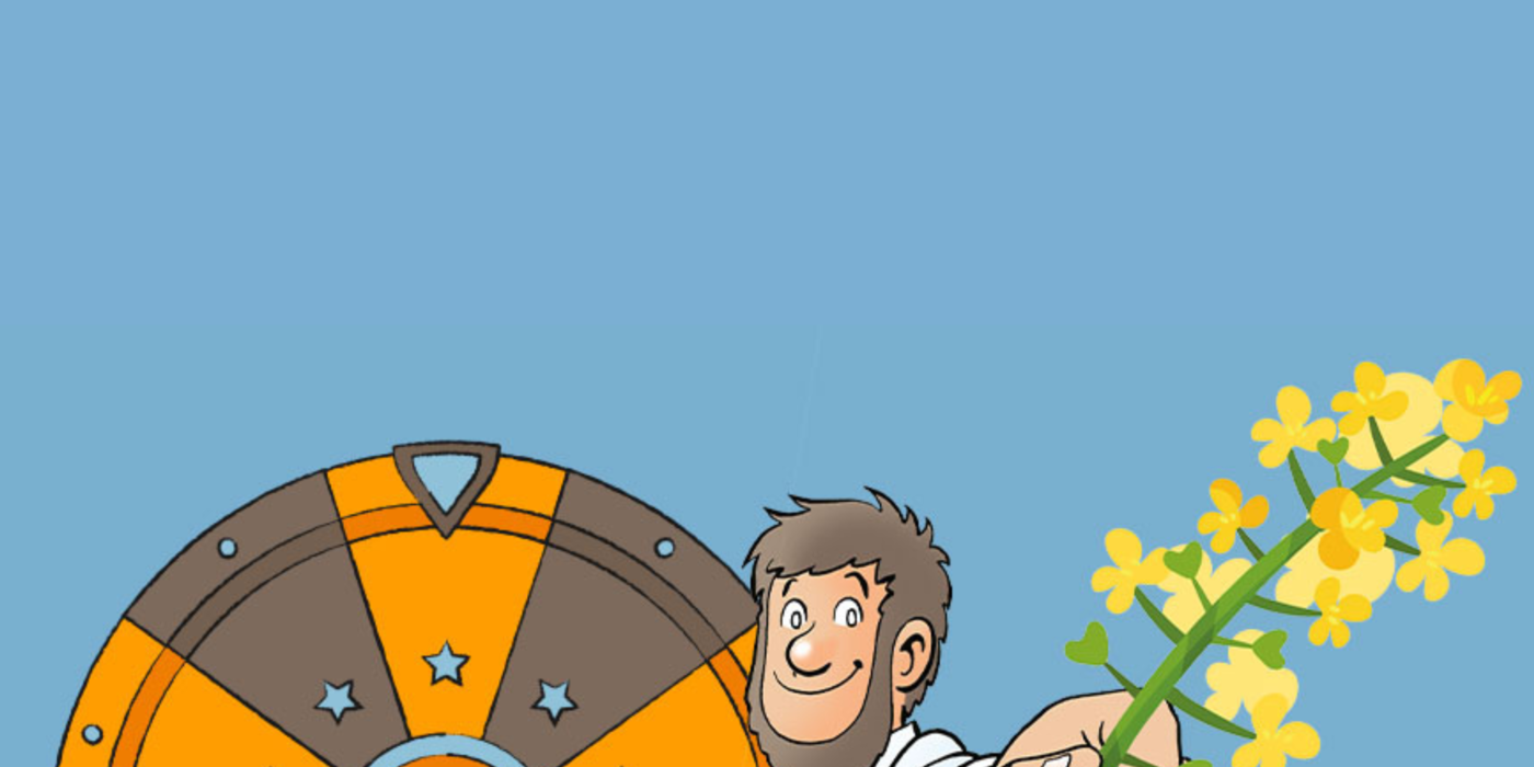 Grafische Darstellung von Fiete mit einer Rapsblüte in der Hand, hinter ihm steht ein Glücksrad