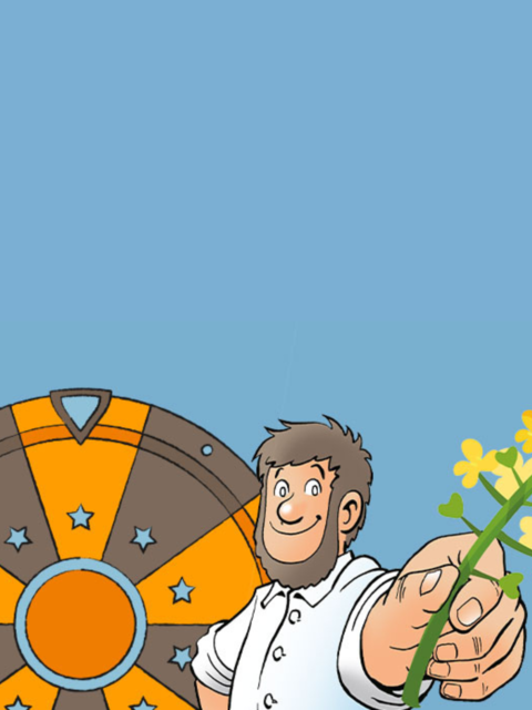 Grafische Darstellung von Fiete mit einer Rapsblüte in der Hand, hinter ihm steht ein Glücksrad