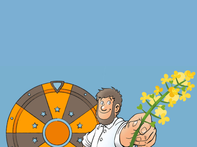 Grafische Darstellung von Fiete mit einer Rapsblüte in der Hand, hinter ihm steht ein Glücksrad
