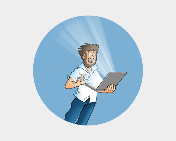 Illustration von Fiete, der lächelnd an einem Laptop arbeitet.