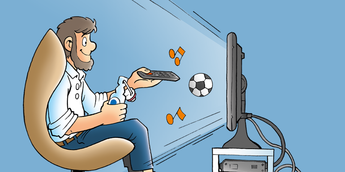 Grafische Darstellung von Fiete, der in einem Sessel sitzt und TV guckt