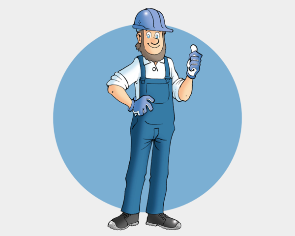 Fiete mit Bauhelm und Handschuhen zeigt Daumen hoch vor blauem Hintergrund