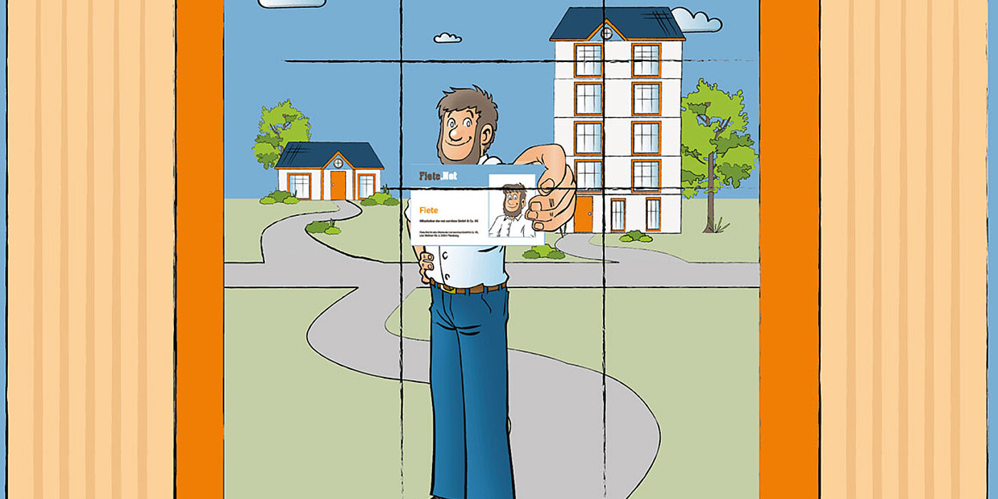Fiete mit Visitenkarte Fiete steht vor dem Haus mit einer Visitenkarte