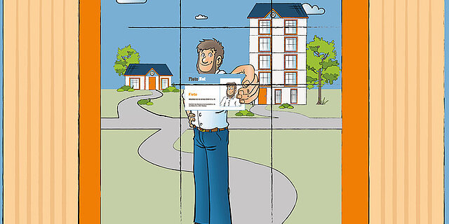 Fiete steht vor dem Haus mit einer Visitenkarte