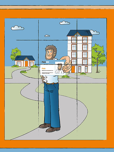 Fiete steht vor dem Haus mit einer Visitenkarte