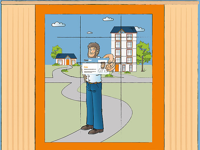 Fiete mit Visitenkarte Fiete steht vor dem Haus mit einer Visitenkarte