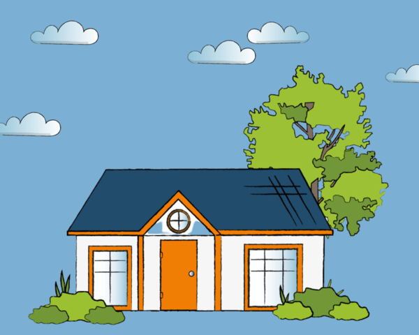 Grafische Darstellung eines Hauses mit Bäumen und blauem Himmel 