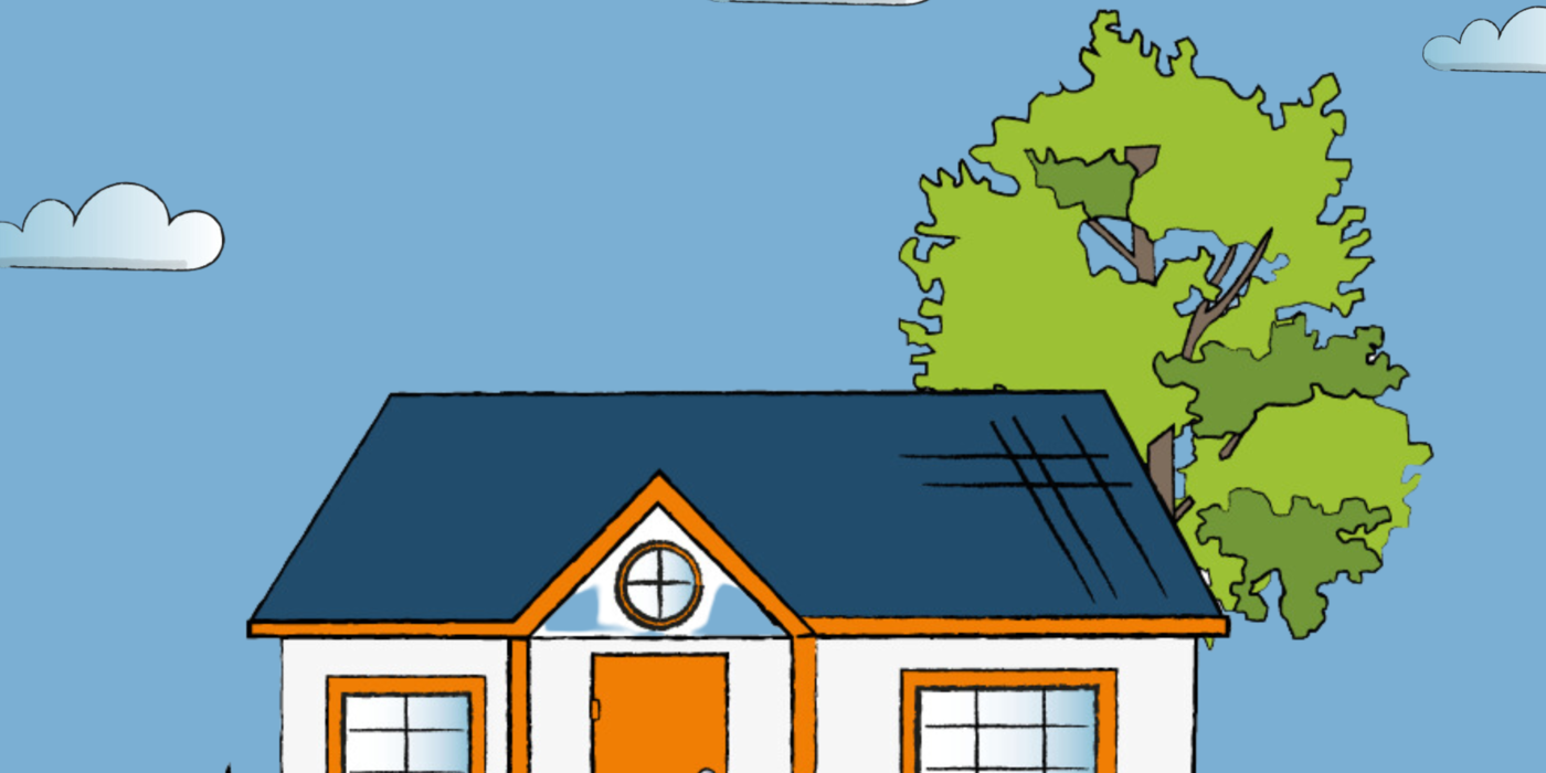 Grafische Darstellung eines Hauses mit Bäumen und blauem Himmel 