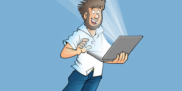 Illustration von Fiete, der lächelnd ein Laptop benutzt, aus dem ein helles Licht scheint.