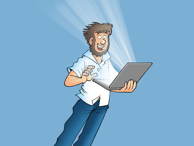 Sicher und entspannt online unterwegs mit dem Laptop Illustration von Fiete, der lächelnd ein Laptop benutzt, aus dem ein helles Licht scheint.