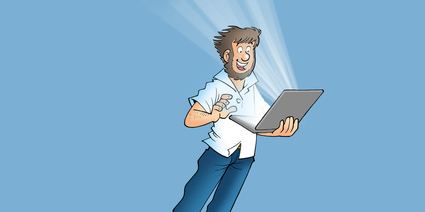 Die Illustration zeigt Fiete, der entspannt an einem Laptop arbeitet. Das leuchtende Display symbolisiert einen sicheren und positiven Umgang mit digitalen Geräten – passend zum G DATA Sicherheitspaket und dem sicheren Surfen im Alltag.