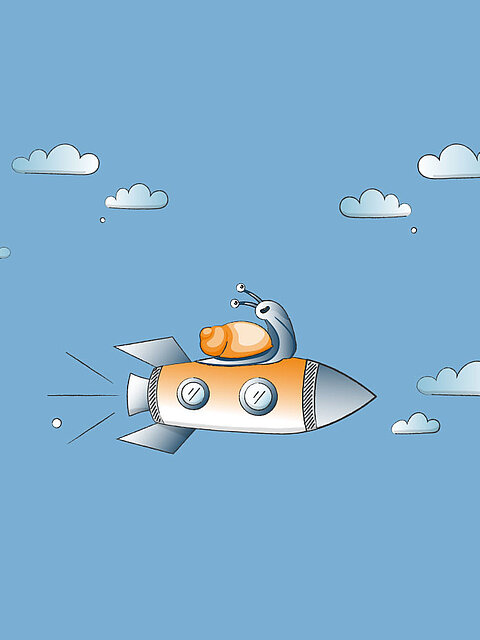 Bild einer Schnecke, die auf einer Rakete durch den Himmel fliegt