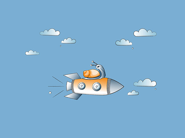 News Schnecke auf Rakete Bild einer Schnecke, die auf einer Rakete durch den Himmel fliegt