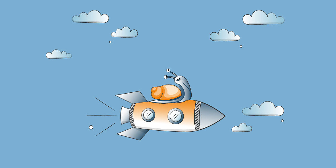 News Schnecke auf Rakete Bild einer Schnecke, die auf einer Rakete durch den Himmel fliegt