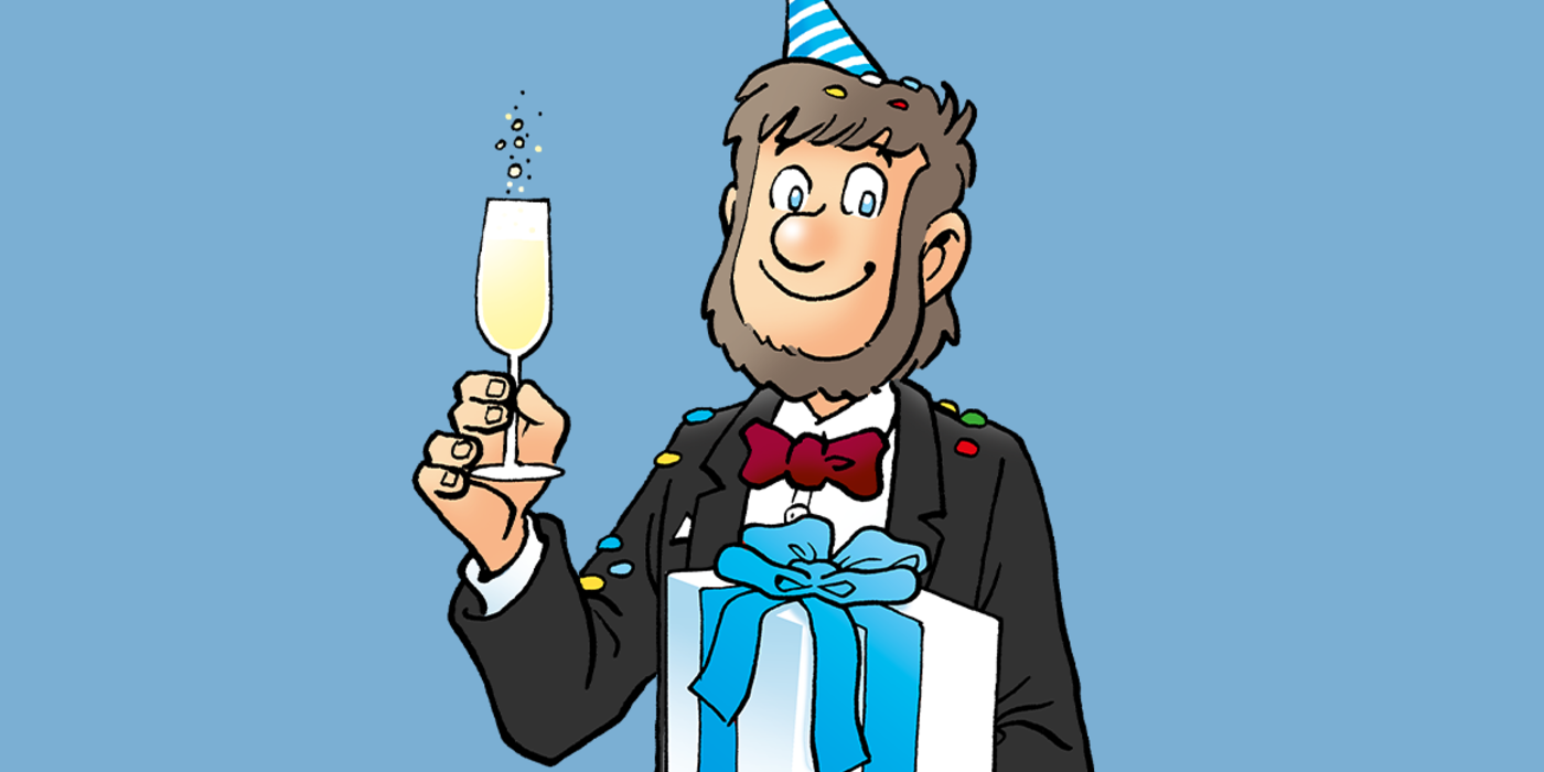 Grafische Darstellung von Fiete mit einem Geschenk und einem Sekt in der Hand 