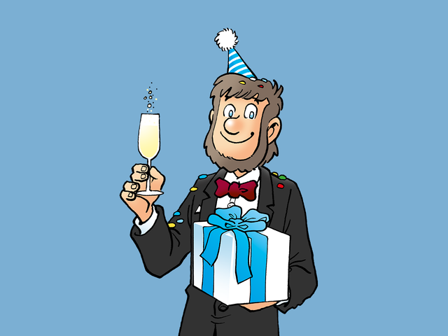 Grafische Darstellung von Fiete mit einem Geschenk und einem Sekt in der Hand 