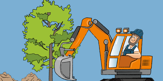 Fiete sitzt in einem orangefarbenen Bagger