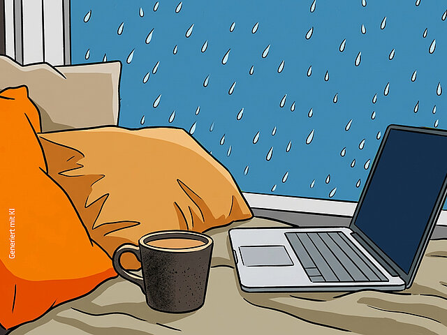 Ein Laptop und eine Tasse mit Getränk liegen auf einer Decke am Fenster, während draußen Regentropfen zu sehen sind.