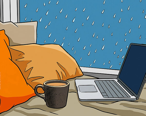 Ein Laptop und eine Tasse mit Getränk liegen auf einer Decke am Fenster, während draußen Regentropfen zu sehen sind.