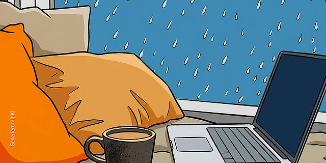 Ein Laptop und eine Tasse mit Getränk liegen auf einer Decke am Fenster, während draußen Regentropfen zu sehen sind.