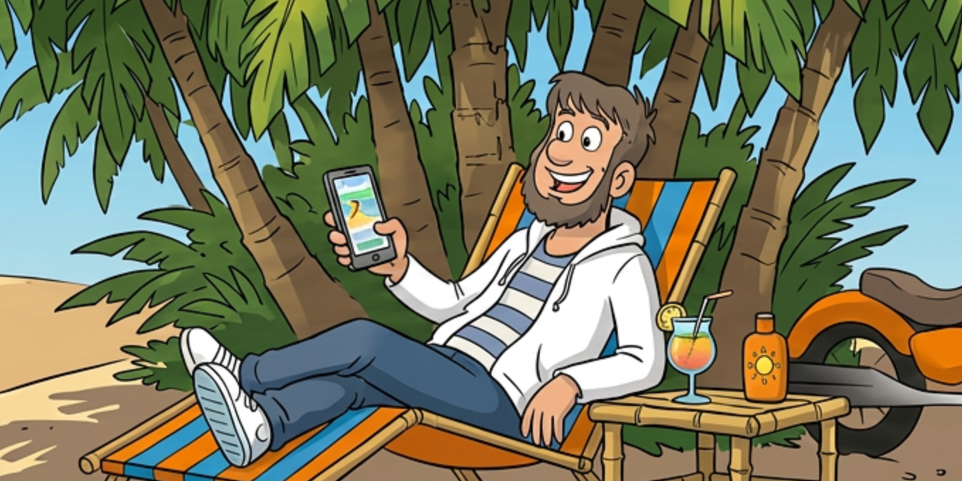 Fiete entspannt auf einer Sonnenliege unter Palmen am Strand und hält lächelnd ein Smartphone in der Hand.