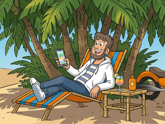 Fiete entspannt auf einer Sonnenliege unter Palmen am Strand und hält lächelnd ein Smartphone in der Hand.