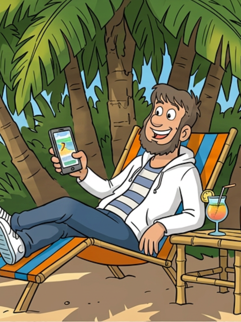 Fiete entspannt auf einer Sonnenliege unter Palmen am Strand und hält lächelnd ein Smartphone in der Hand.