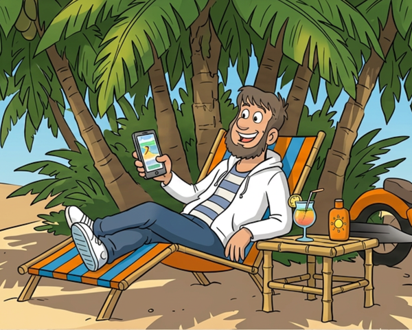 Fiete entspannt auf einer Sonnenliege unter Palmen am Strand und hält lächelnd ein Smartphone in der Hand.