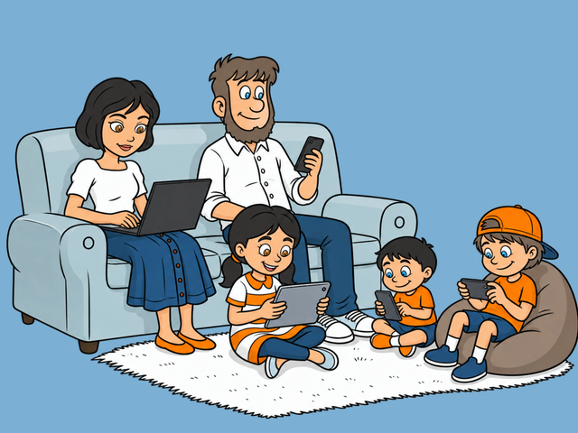 Eine Familie nutzt gemeinsam verschiedene digitale Geräte wie Laptop, Smartphone und Tablets.