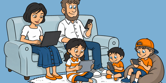 Eine Familie nutzt gemeinsam verschiedene digitale Geräte wie Laptop, Smartphone und Tablets.