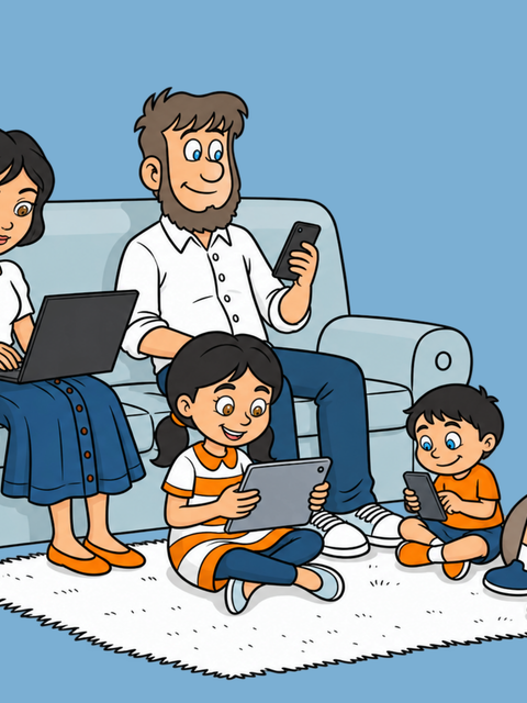 Eine Familie nutzt gemeinsam verschiedene digitale Geräte wie Laptop, Smartphone und Tablets.