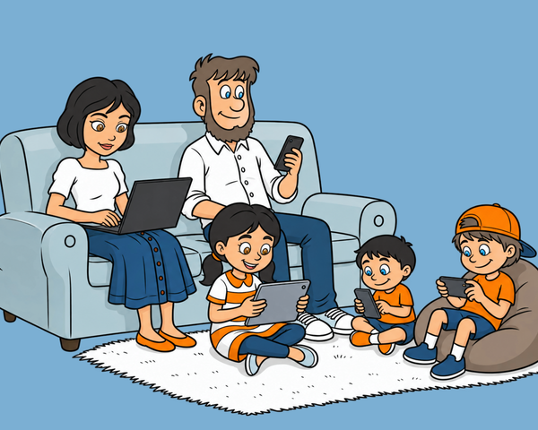 Eine Familie nutzt gemeinsam verschiedene digitale Geräte wie Laptop, Smartphone und Tablets.