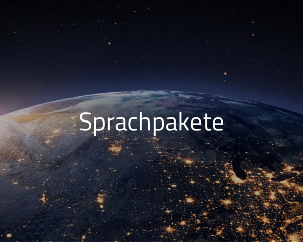 Erdkugel aus dem All betrachtet im Hintergrund mit dem Schriftzug "Sprachpakete"