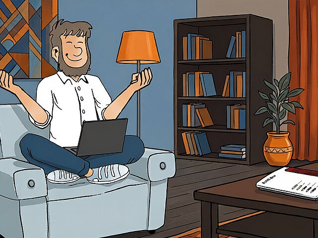 Fiete meditiert auf einem Sessel vor dem Router