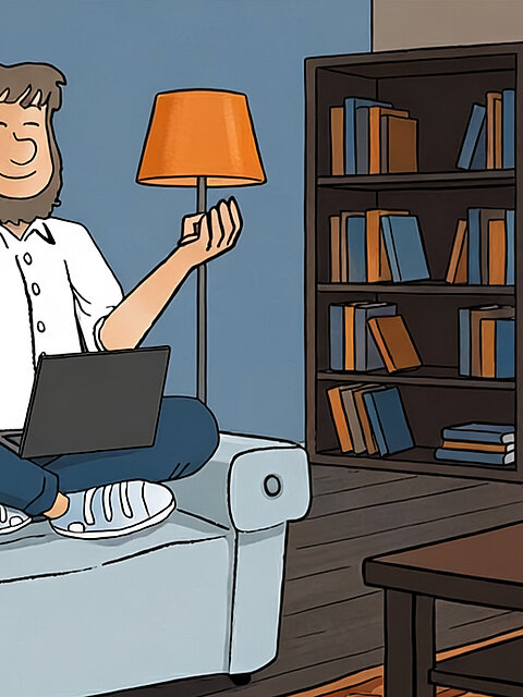 Fiete meditiert auf einem Sessel vor dem Router