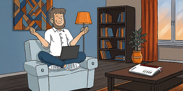 Fiete meditiert auf einem Sessel vor dem Router