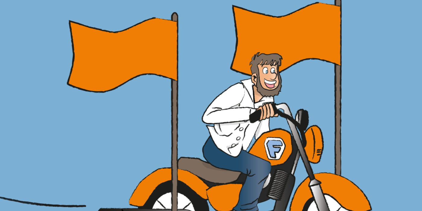 Grafische Darstellung von Fiete, der auf einem Motorrad fährt