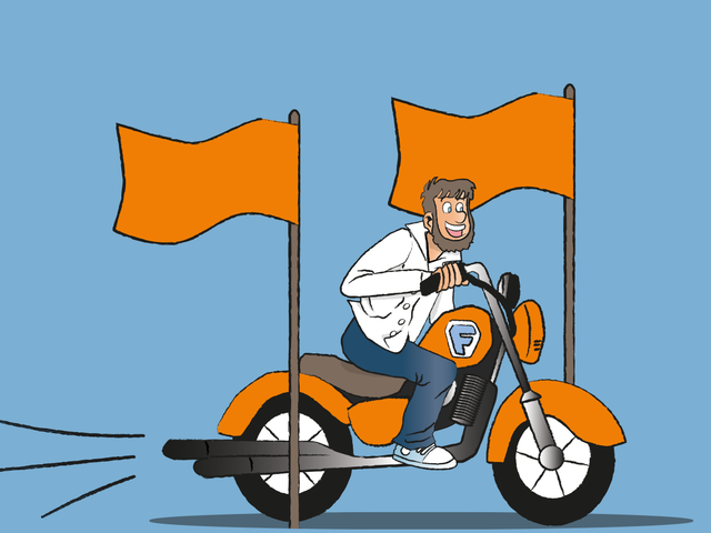 Grafische Darstellung von Fiete, der auf einem Motorrad fährt