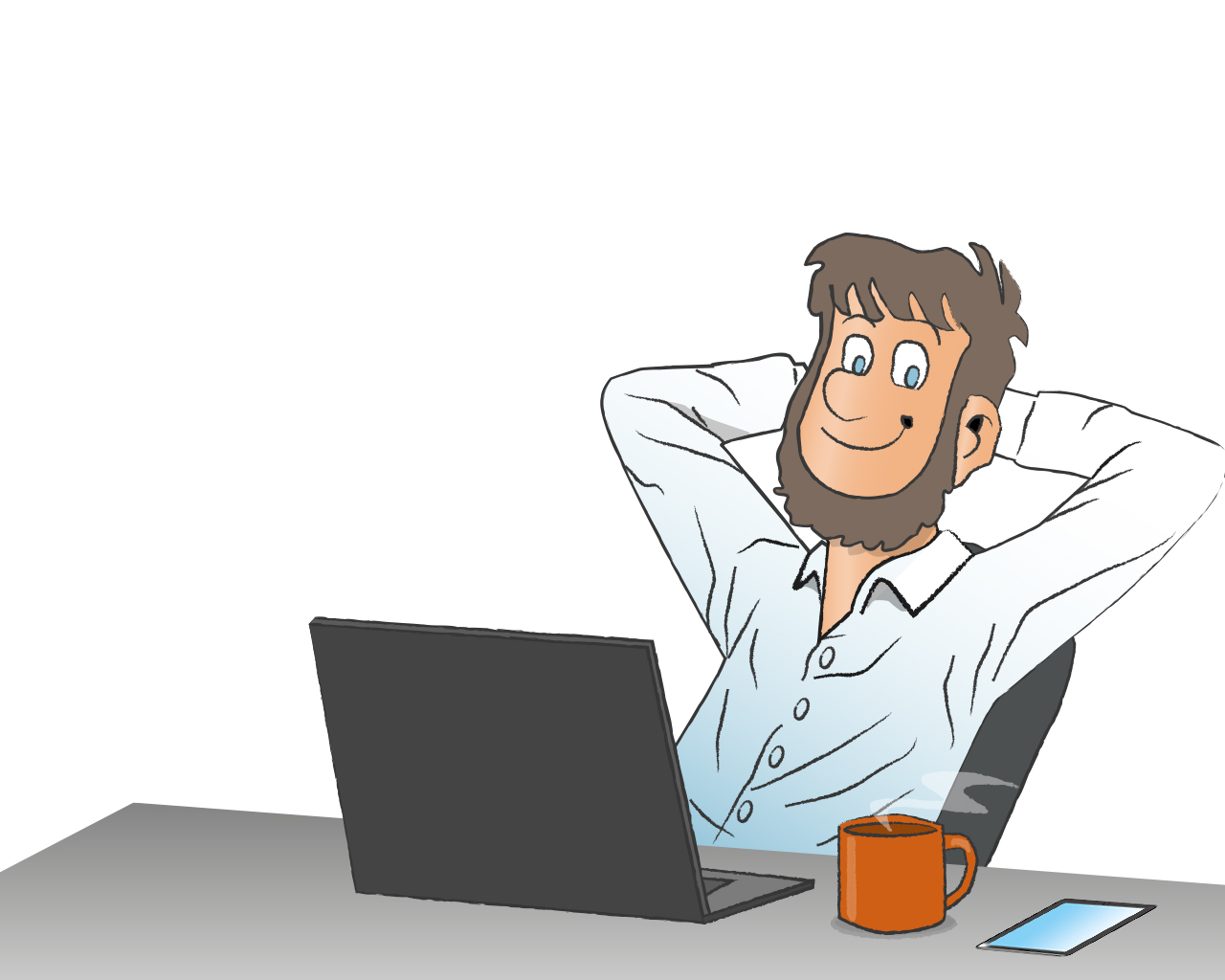 Fiete sitzt am Schreibtisch mit Laptop